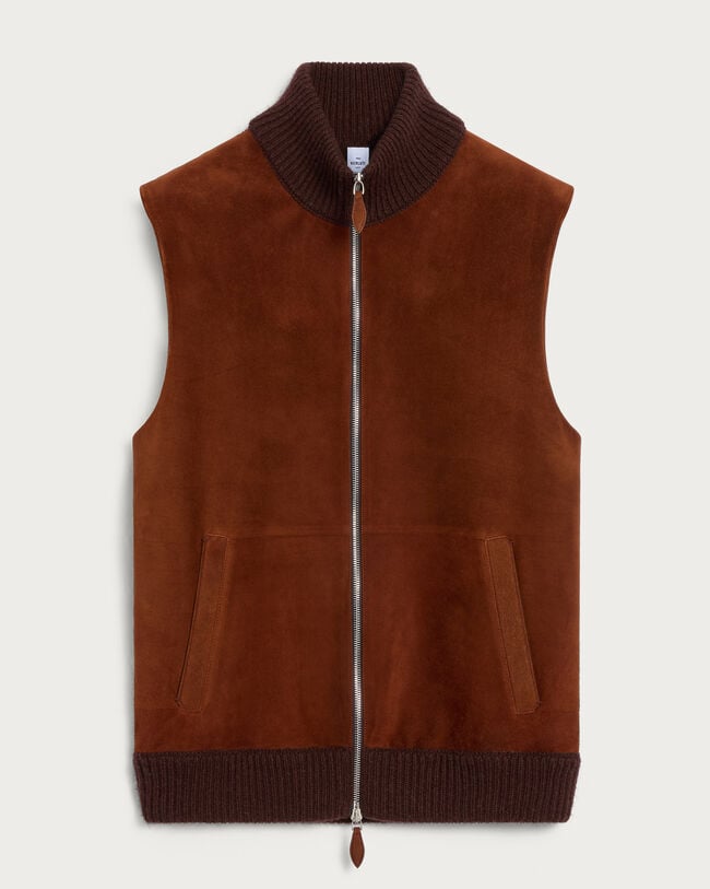 Gilet Mix Mati&egrave;re avec D&eacute;tails en Cuir, Chestnut, hi-res