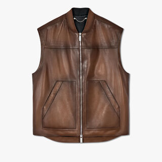 Patina Leather Gilet With Scritto Yokes, MILKY BROWN, hi-res
