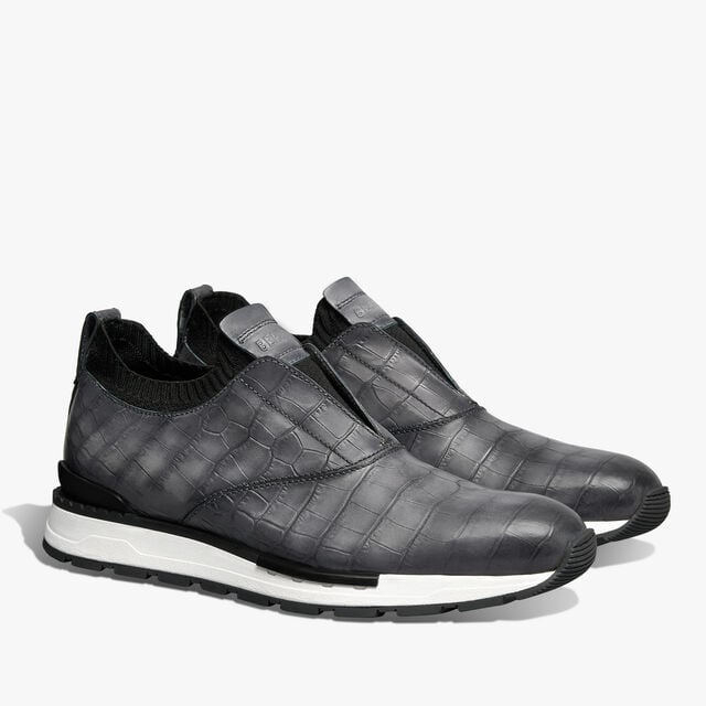 Fast Track Alligator Leather And Knit Slip-On Sneaker, ALUMINIO, hi-res 2