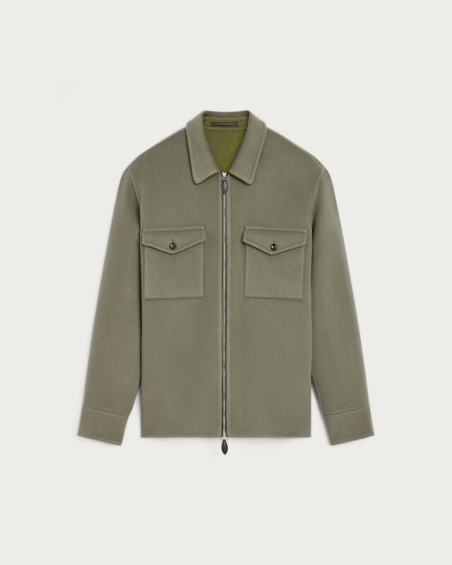 Double Face Zipped Overshirt with Leather Detail, Kaki & Internal Giant Scritto, hi-res