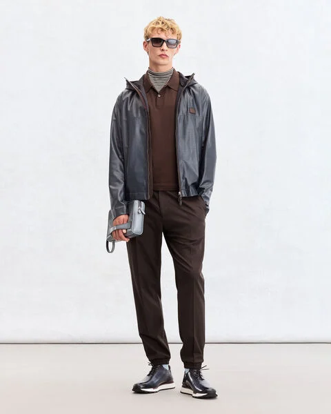 Ultralight Fly Scritto Pattern Leather Hooded Blouson, Mineral Blue, hi-res