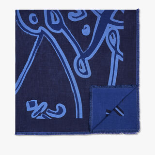 Wool And Silk Giant Scritto Scarf, BLUE / BLACK, hi-res