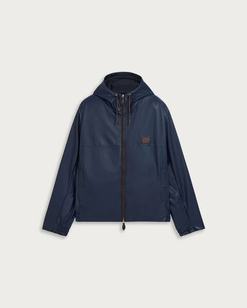 Ultralight Fly Leather Hooded Blouson, Marine, hi-res