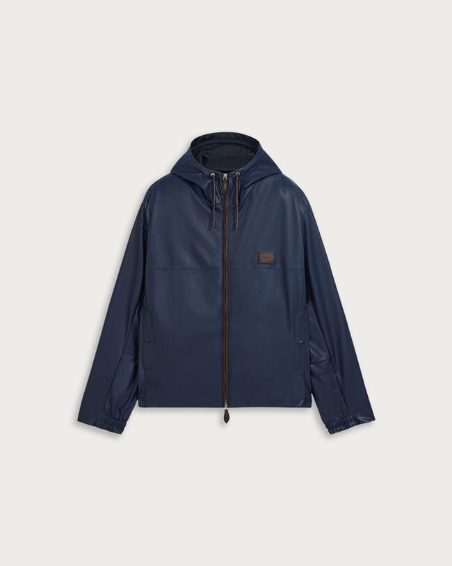 Ultralight Fly Leather Hooded Blouson, Marine, hi-res