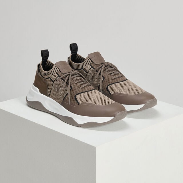 Shadow Rubber Coated Knit And Calf Leather Sneaker, LIGHT KAKI / BEIGE, hi-res 3