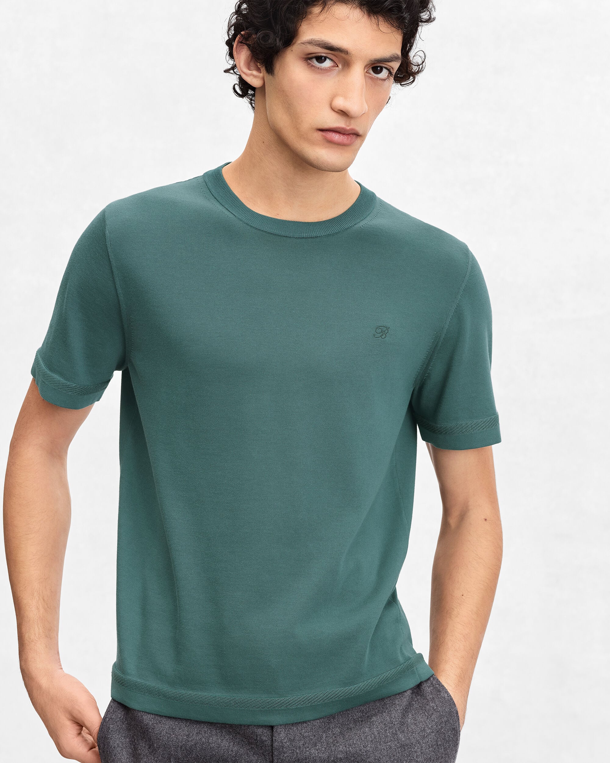 B-Thabor Embroidery Short-Sleeves Crewneck, Green Smoke, hi-res
