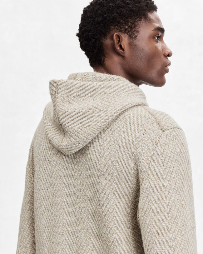 Herringbone Hoodie with Leather Zip-pullers, Warm Beige, hi-res