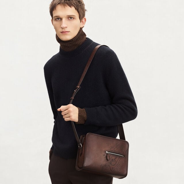 Journalier Scritto图纹皮革邮差包, SOFT BROWN, hi-res 2