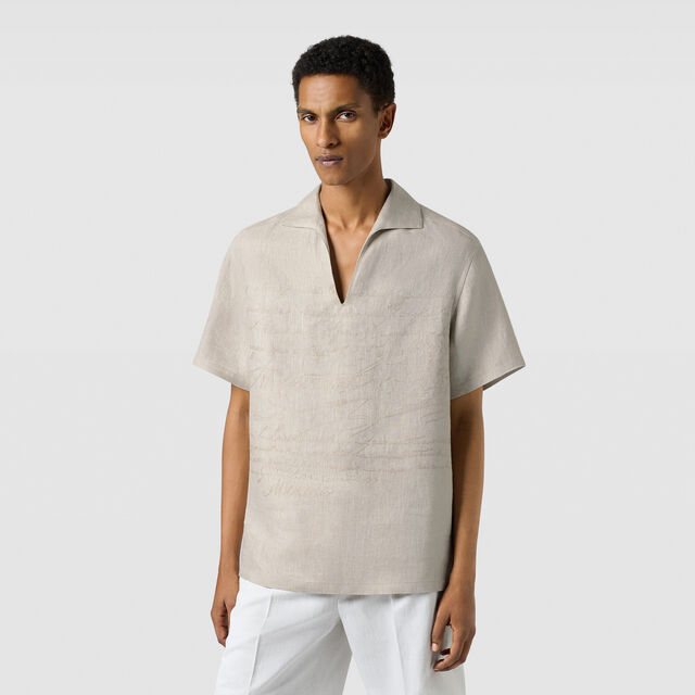 Linen Scritto Short Sleeved Vareuse, SHADES OF BEIGE , hi-res 3