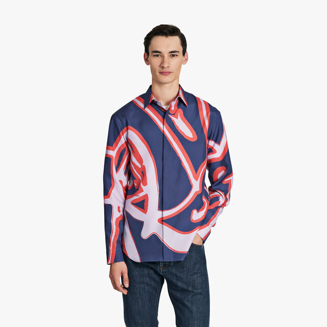 Silk Shirt With Giant Scritto Print, BLUEBONNET / FLAMINGO, hi-res 2