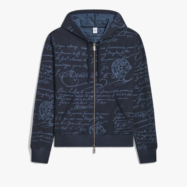 Sweat A Capuche Zippé en Laine Scritto, GREYISH NAVY, hi-res 1