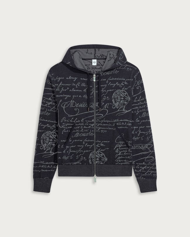 Scritto Pattern Zipped Hoodie, Navy & Grey Scritto, hi-res