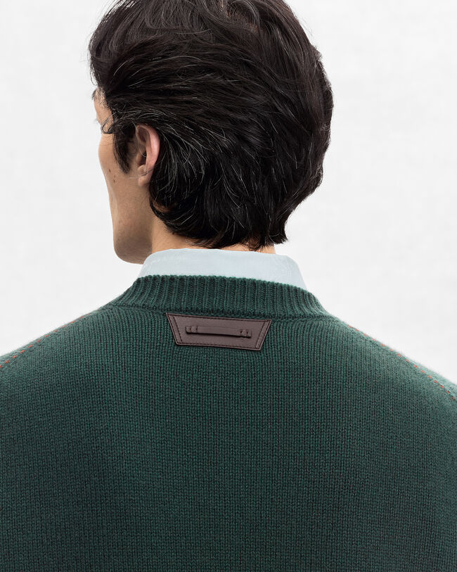 Leather Braiding Crewneck, Green, hi-res