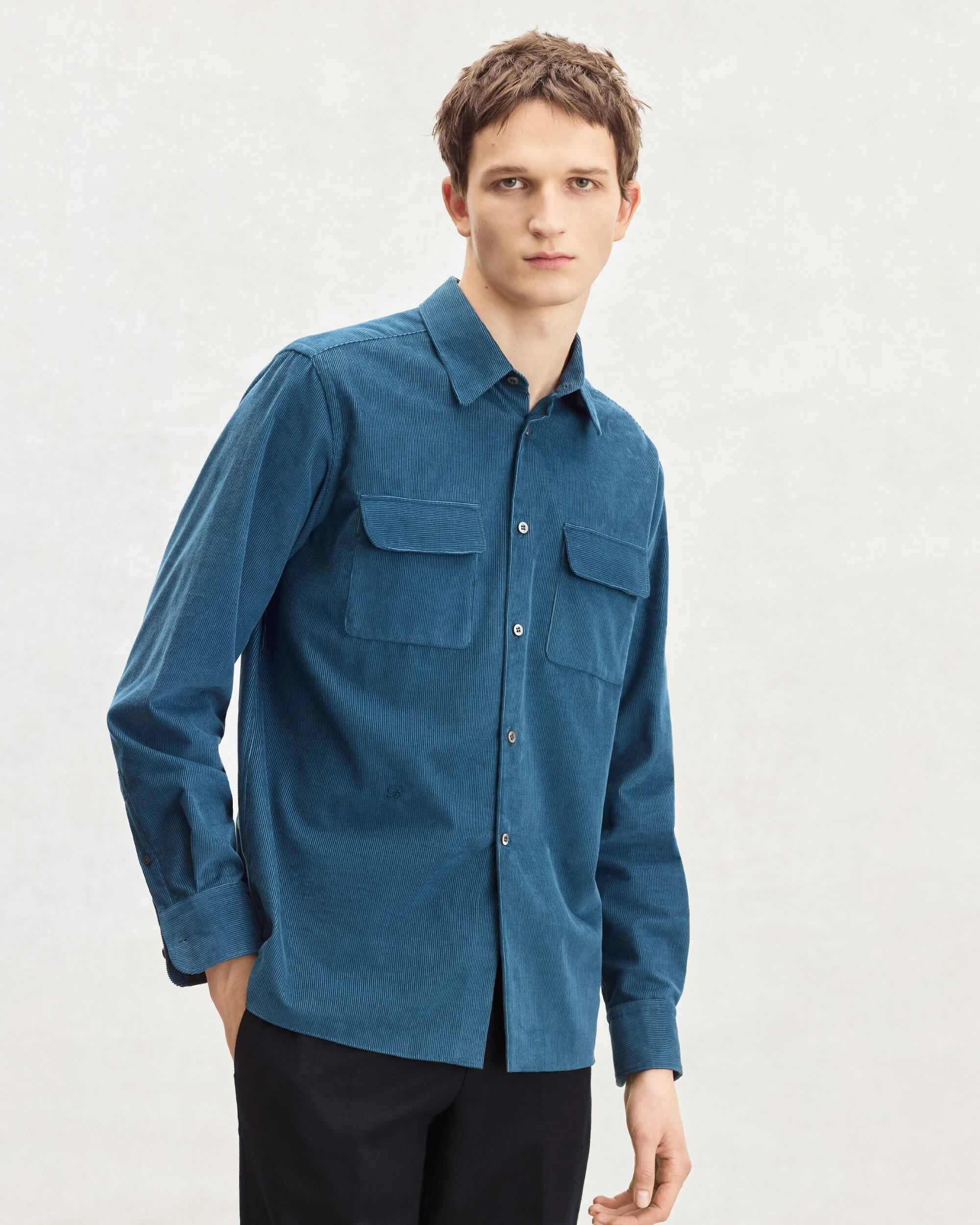 Corduroy Casual Shirt with Leather Detail, Nile Blue, hi-res