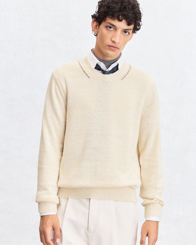 Leather Braiding Crewneck, Off White, hi-res