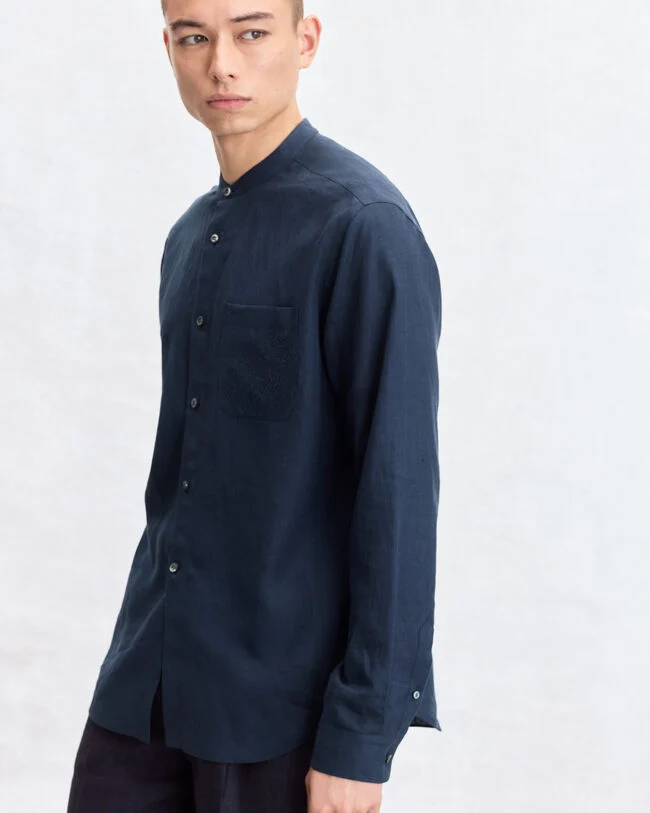 Officer Collar Shirt with Scritto Embroidery, Cold Night Blue, hi-res