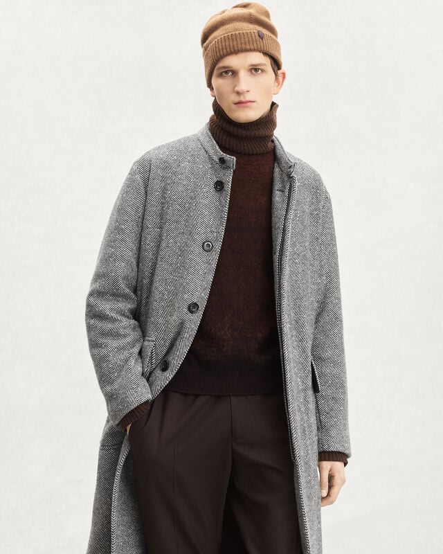 Herringbone Forestière Coat with Leather Details, Grey Melange, hi-res