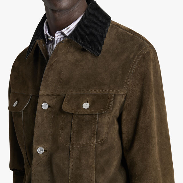 Suede Leather Denim Jacket With Corduroy Collar, WARM GREEN, hi-res 5