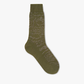 Cotton Scritto Socks, KAKI GREEN, hi-res