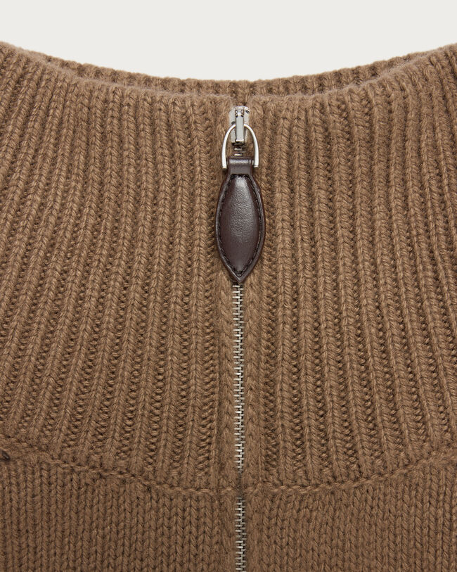Pull &agrave; Col Zipp&eacute; et D&eacute;tail Cuir Tress&eacute;, Walnut, hi-res