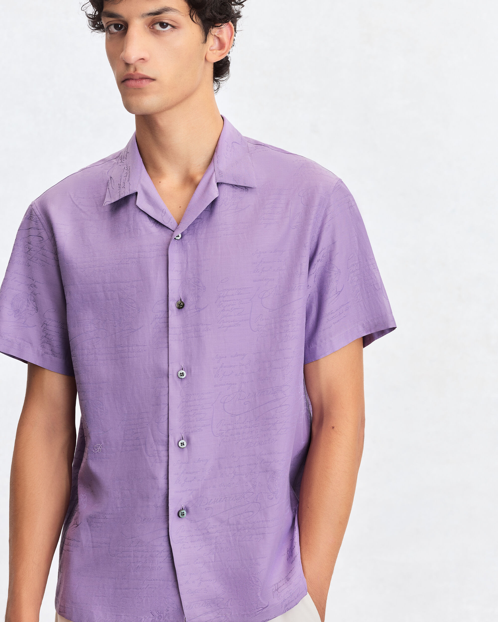Scritto Pattern Short-Sleeves Shirt, Lilac, hi-res