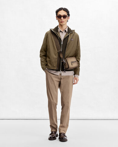 Reversible Scritto Pattern Blouson with Leather Detail, Kaki, hi-res