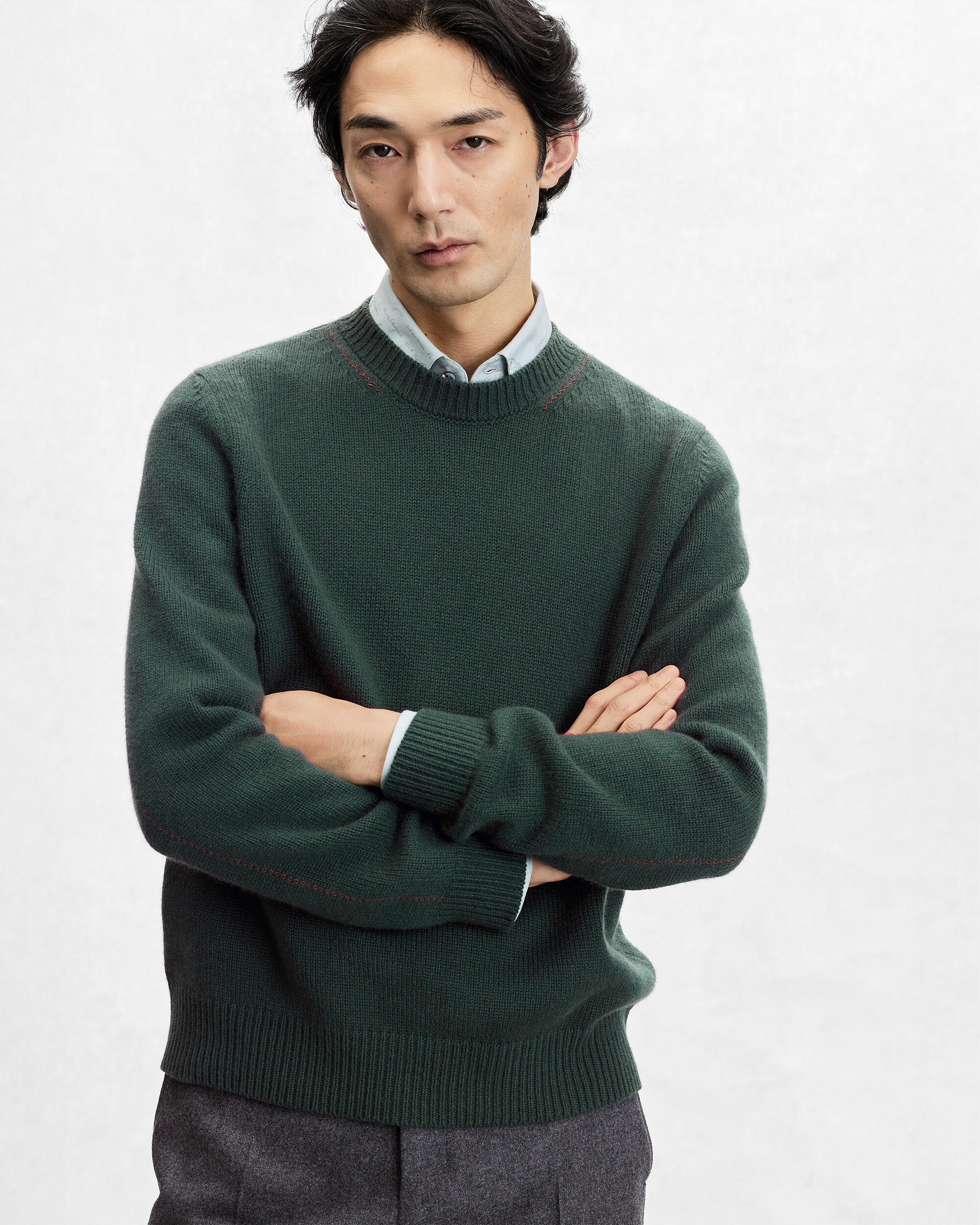 Leather Braiding Crewneck, Green, hi-res