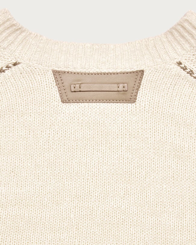 Leather Braiding Crewneck, Off White, hi-res