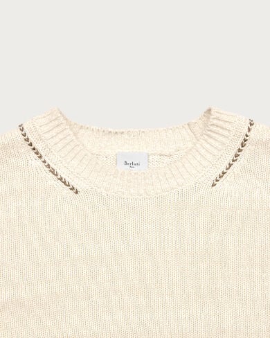 Leather Braiding Crewneck, Off White, hi-res