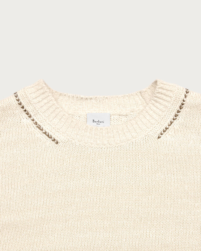 Pull &agrave; Col Rond avec D&eacute;tail Cuir Tress&eacute;, Off White, hi-res