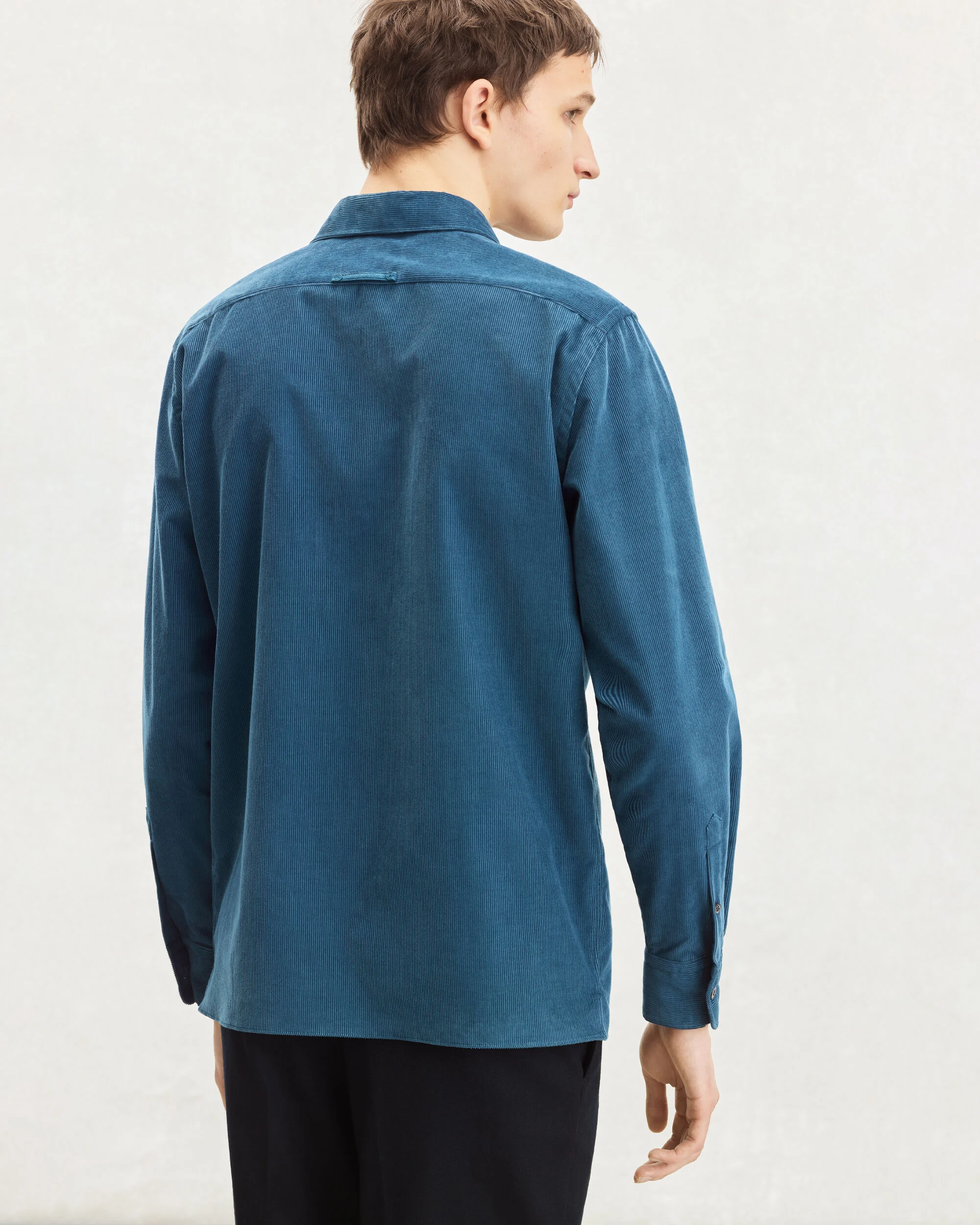 Corduroy Casual Shirt with Leather Detail, Nile Blue, hi-res