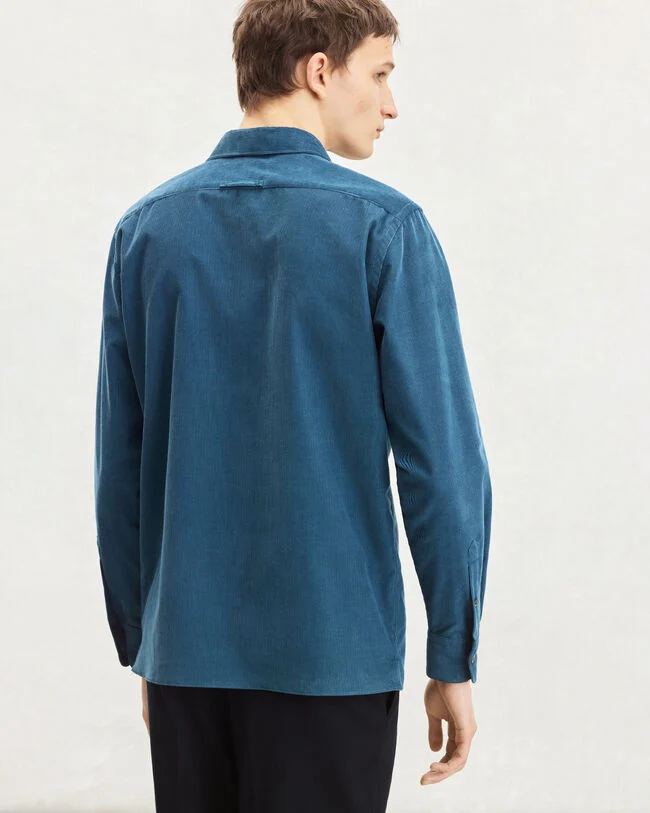 Corduroy Casual Shirt with Leather Detail, Nile Blue, hi-res