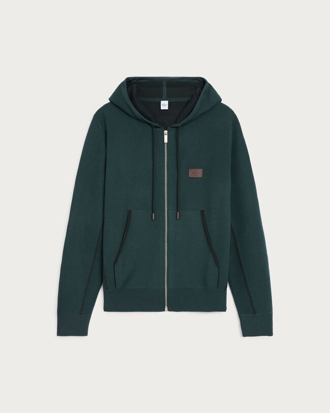 Shadow Zipped Hoodie with Leather Details, Fir Green, hi-res