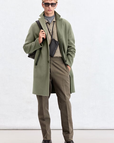 Double Face Coat with Leather Details, Kaki & Internal Giant Scritto, hi-res