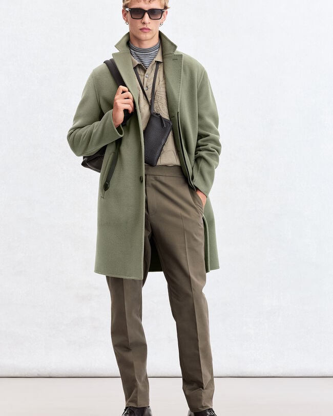 Double Face Coat with Leather Details, Kaki & Internal Giant Scritto, hi-res