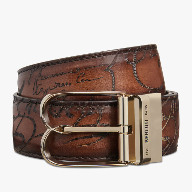  Venezia Scritto Leather 35 MM Belt, NERO GRIGIO + MOGANO, hi-res 1
