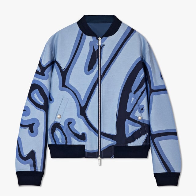 Reversible Jacquard Giant Scritto Bomber, SHADES OF BLUE/MARINE, hi-res 1