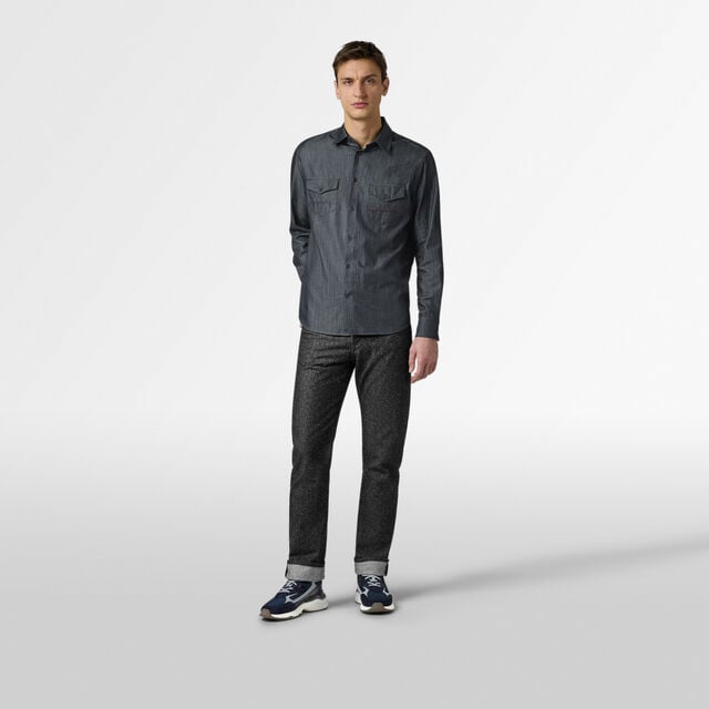 Cotton & Silk Denim Shirt, INDIGO, hi-res 4