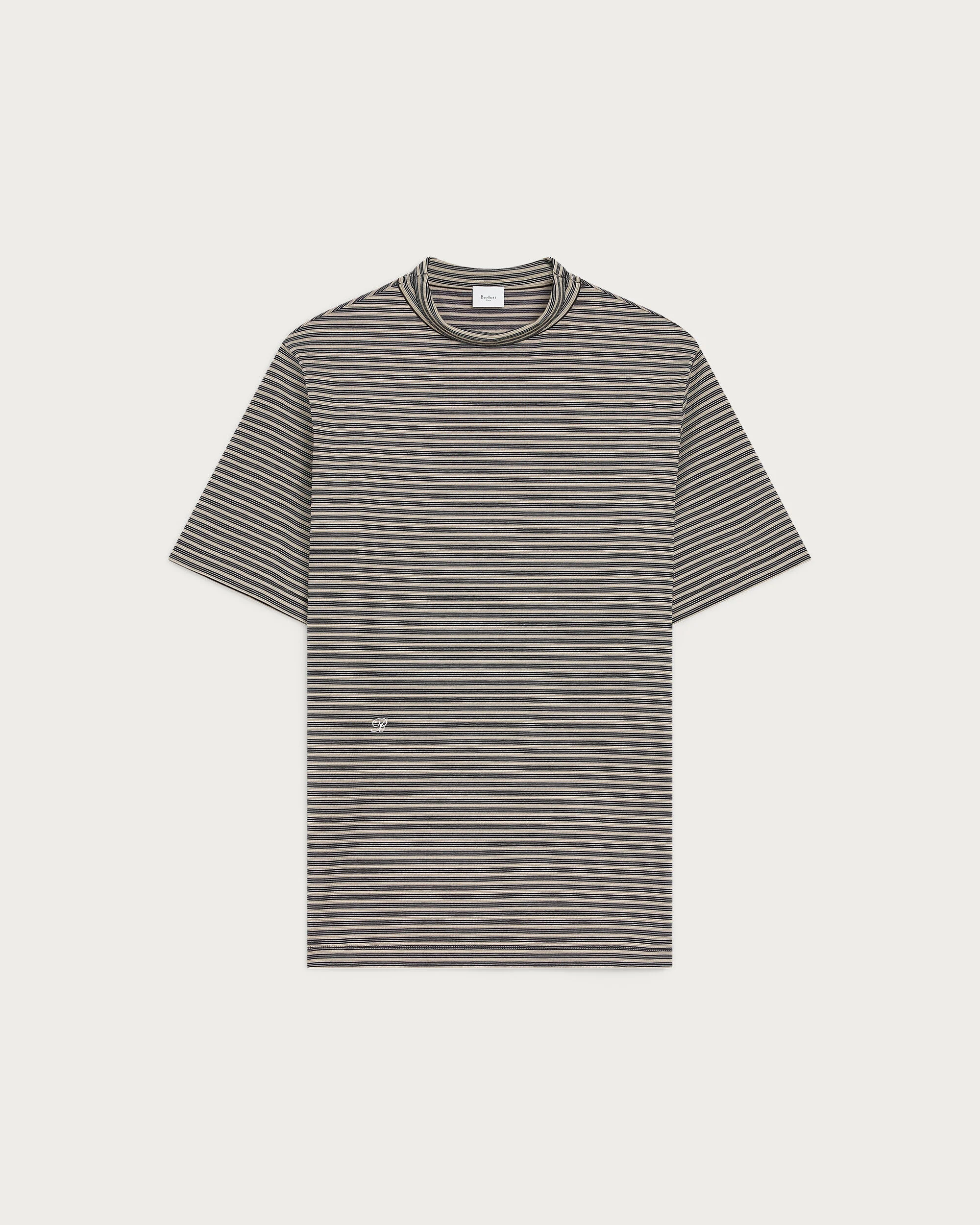 Mock-Neck T-Shirt with Stripes, Stripes Black & Taupe, hi-res