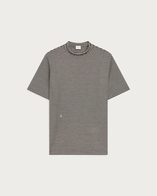 Mock-Neck T-Shirt with Stripes, Stripes Black & Taupe, hi-res