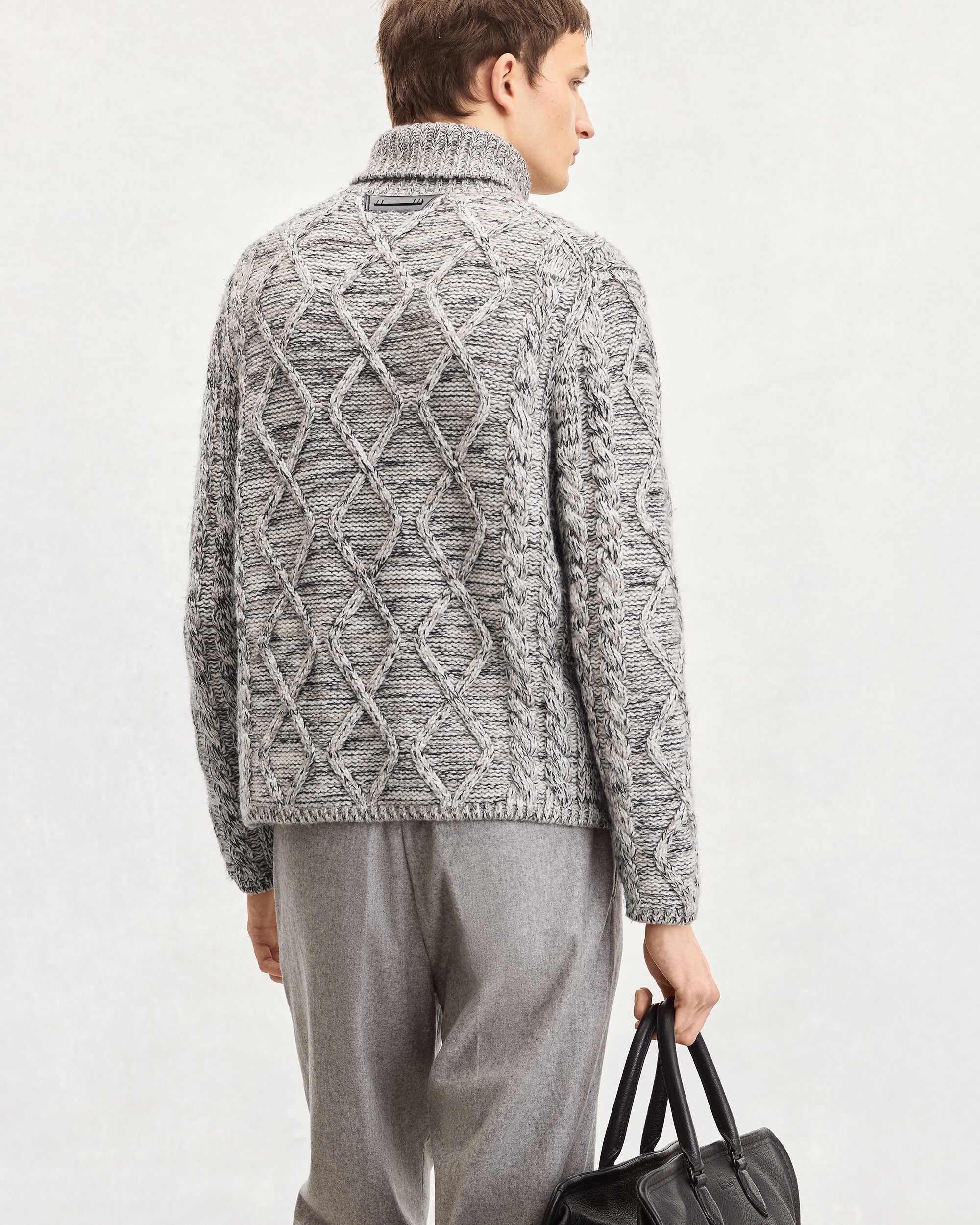 皮革细节混色绞花高领衫, Ecru & Noir, hi-res