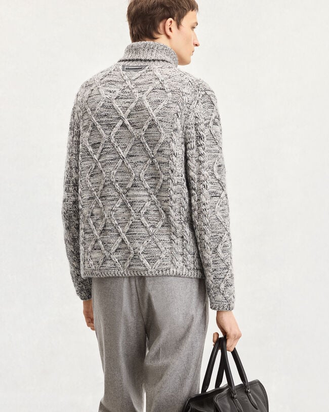 皮革细节混色绞花高领衫, Ecru & Noir, hi-res