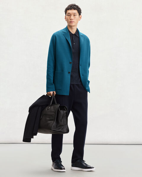 Double Face Knitted Jacket with Leather Detail, Nile Blue, hi-res