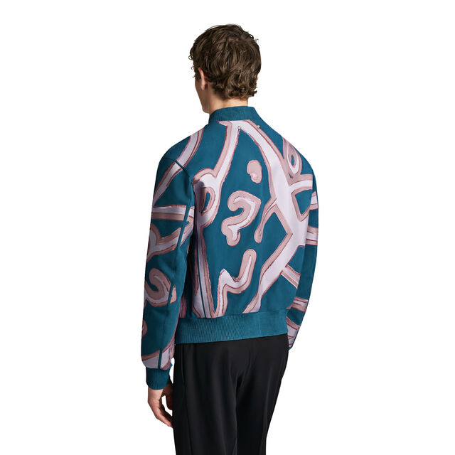 Nubuck Leather Bomber With Embroidered Silk Giant Scritto, BLUE EMERALD, hi-res 3