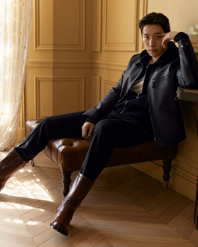 Shadow Zipped Hoodie with Leather Details, Navy, hi-res