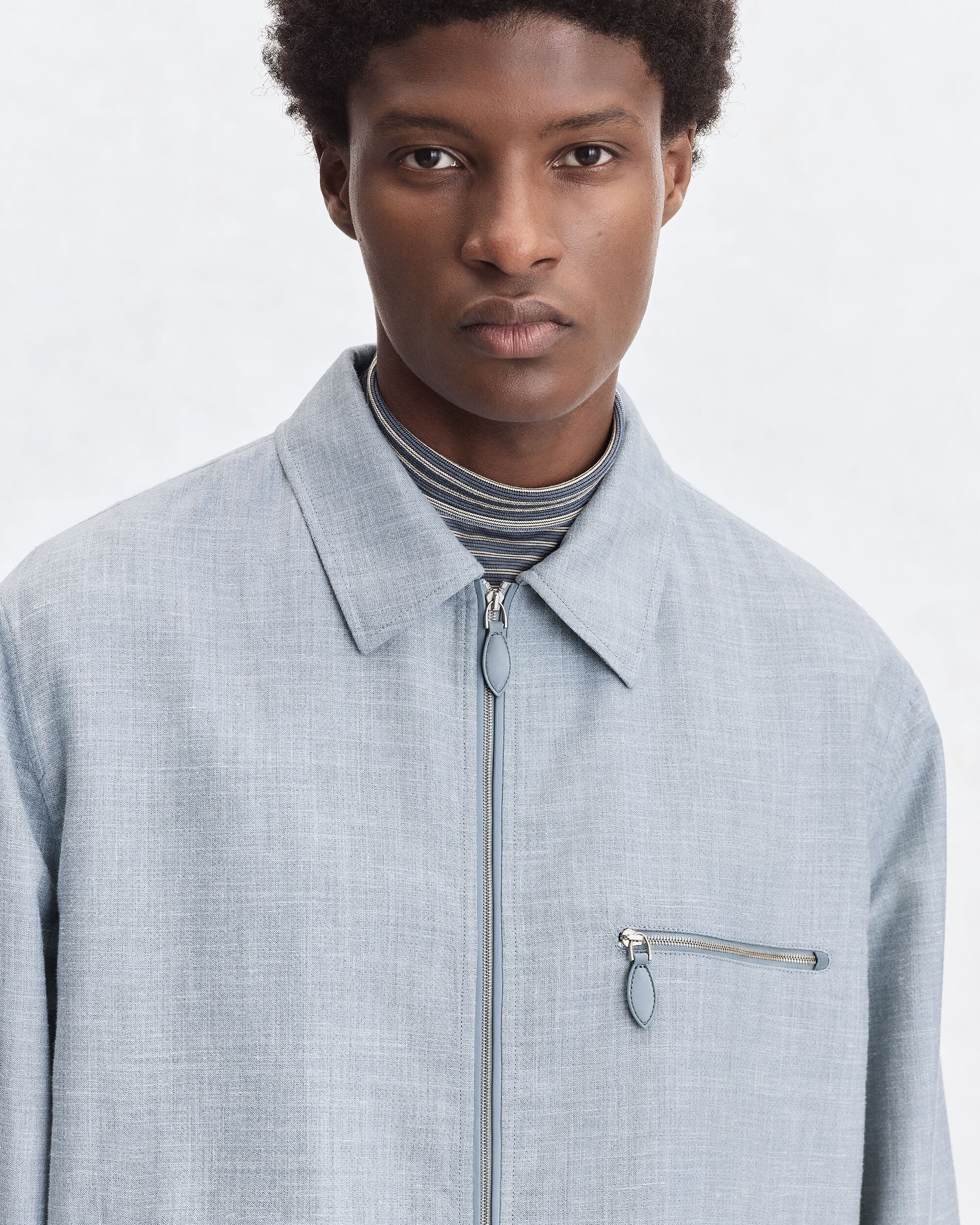 Un Jour Overshirt with Leather Zip-Pullers, Cloudy Blue & Steel Blue & Cloudy Blue, hi-res