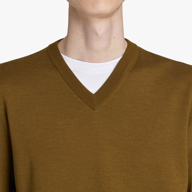 Wool V-Neck Sweater With Placed Scritto, OLIVE, hi-res 5