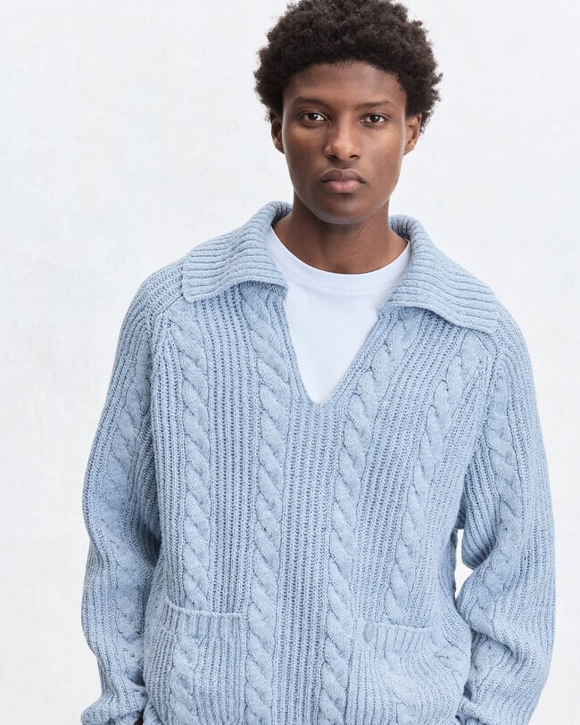 Cable Knit Vareuse with Leather Details, Periwinkle Blue, hi-res