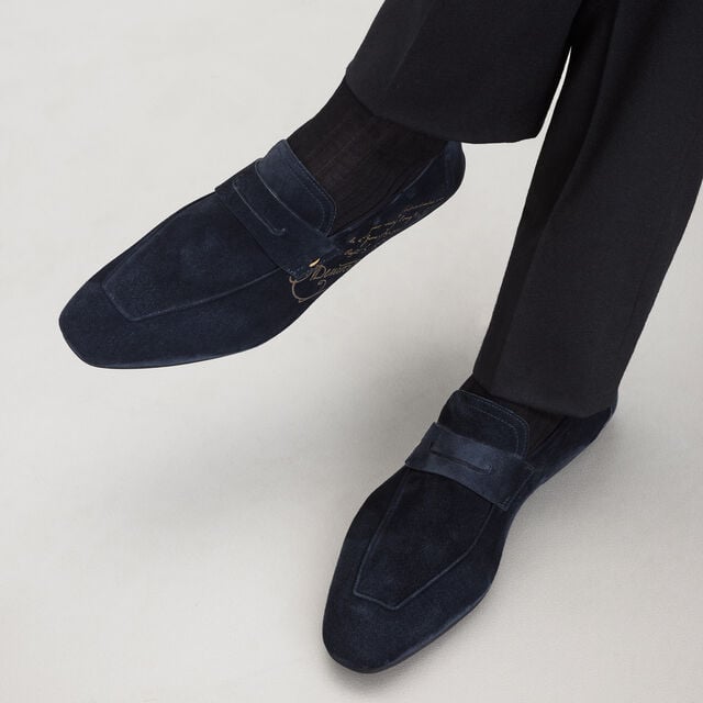 Lorenzo Drive Scritto Camoscio Calf Leather Loafer, NAVY, hi-res 2
