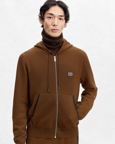 Shadow Zipped Hoodie with Leather Details, Toffee Camel, hi-res